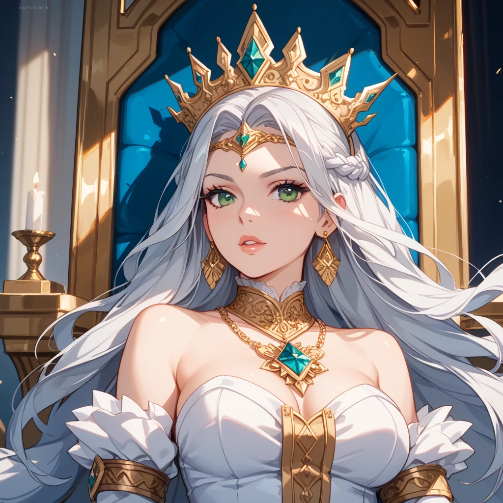 ((Mejor calidad)), ((obra maestra)), (detallado), cara perfecta
(Physical appearance) white hair with light blue sparkles, long, with waves at the ends, hair accessory)angel crown,(eyes)light blue color with sparkles, large, long eyelashes,average height, svelte complexion, pink bench skin tone,(Dress style)fantastic angelic, white and gold tones, with gold and shiny jewelry,(Personality)mysterious, (Special element or theme) purification, HD, 8K, Anime