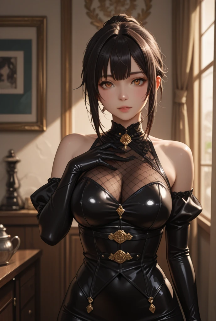 Close-up of a woman in black dress sitting at a table, seductive Tifa lockhart portrait, ( Very detailed pictures ), Tifa, Detailed images, 8k high quality detailed art, portrait of Tifa lockhart, additional details, High resolution details, full body xianxia, Tifa lockhart portrait, Very detailed and high quality, high detail), PVC statue
