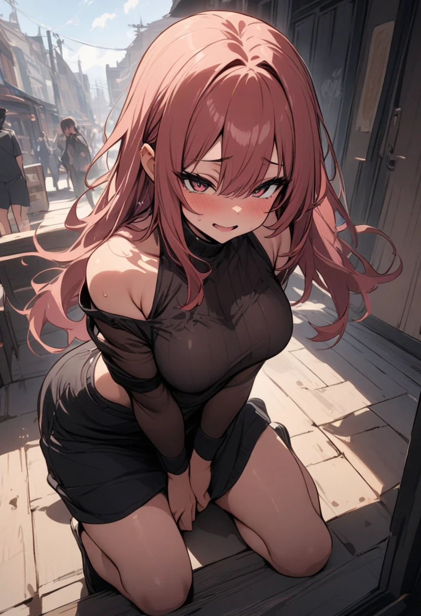 The upper part of the body、an oil painting、​masterpiece、top-quality、hight resolution、long hair of red color、Tired hands on your knees、cleavage of the breast、Polka Dot Bra、Polka dot panties、distressed face、Sweaty skin、school ground、blue-sky、tiny chest、