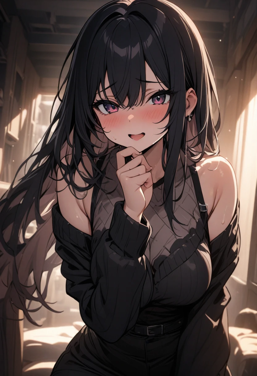 masterpiece, upper body, face portrait, woman, solo, black hair, hair over eyes, messy hair, mesh clothing, dark lighting