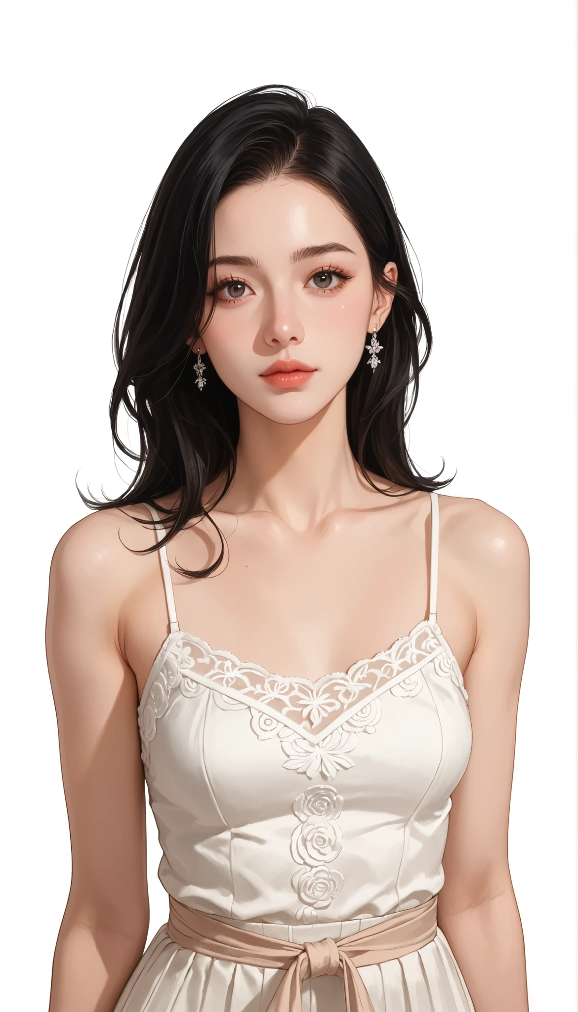 Female 1, medium long hair, black hair, chest, dark eyes, simple background/ no background , vertical drawing style , lots of white space, Illustrations, 黒いドレスHigh Quality, 最High Quality , High Detail , High Quality, HD model, very well detailed,