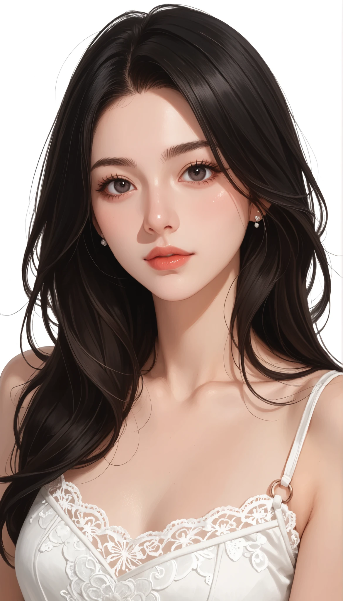 Female 1, medium long hair, black hair, chest, dark eyes, simple background/ no background , vertical drawing style , lots of white space, Illustrations, 黒いドレスHigh Quality, 最High Quality , High Detail , High Quality, HD model, very well detailed,