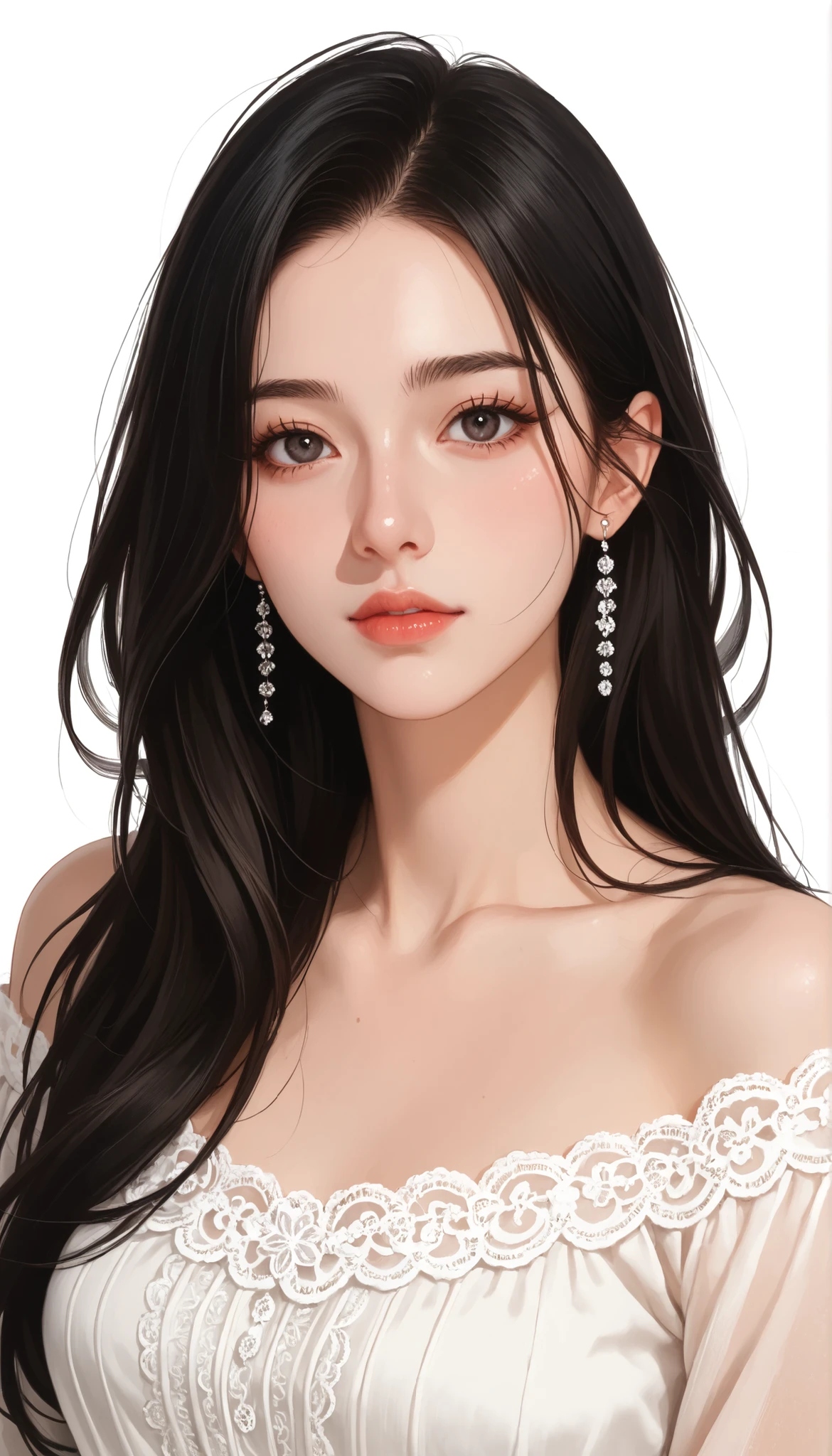 Female 1, medium long hair, black hair, chest, dark eyes, simple background/ no background , vertical drawing style , lots of white space, Illustrations, 黒いドレスHigh Quality, 最High Quality , High Detail , High Quality, HD model, very well detailed,