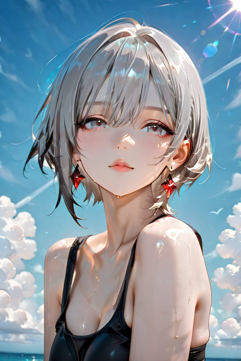 ((((masterpiece, best quality, high resolution)))), Extremely detailed 8K, Beautiful girl with slender body, (Ultra HD, Ultra-detailed, Highly detailed, Highly realistic, Ultra-realistic, photograph realistic), (1girl:1.5), white hair, short wavy hair, bob cut, red eyes, light smile, blush, average breasts, wet, beach, (sunbeam, sunlight, rose, wind),