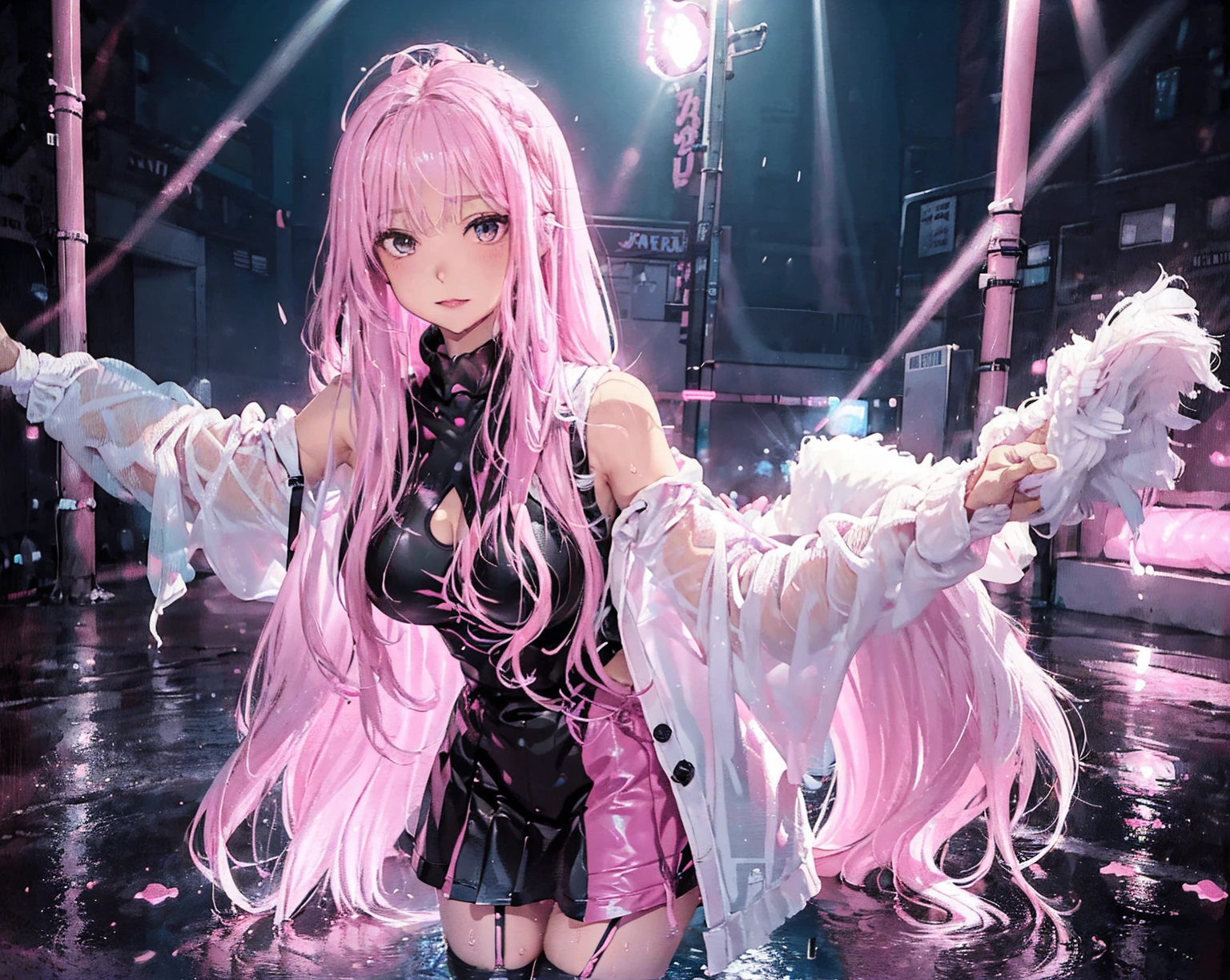 Light pink hair, 16K, High resolution, RTTX10.0, Ray Tracing, Natural light, Absurd, Top quality masterpiece, Perfect anatomy and highly detailed face, fine grain, Beautiful Hair, so beautiful, Edgy, Nice, Evil Aura, the wind is strong, Glowing Eyes, dystopian city, Futuristic, Detailed Background, Awards, Neon Light, It was a hot topic on Art Station., Climax, Four girl band members in the background, Sweat is splashing, White tank top, (((Torn blue shorts))), 自然A pose, Intense movement, color々A pose, (((Singing while playing electric guitar))), Concentrated on the music