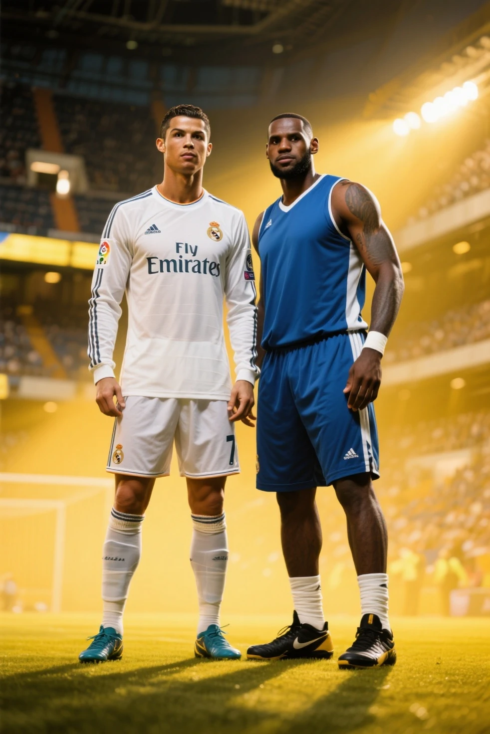 Realism, Cristiano Ronaldo with real Madrid jersey along Patrick mahommes AND Lebron James in lakers Jersey