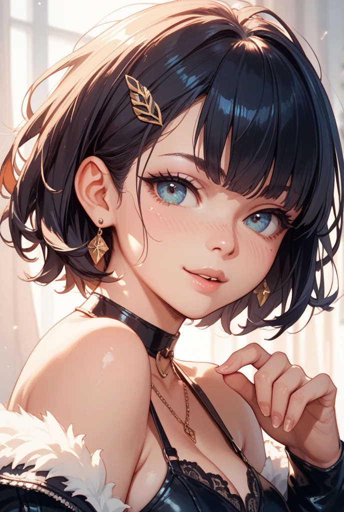 ((masterpiece)), ((best quality)), ((anime profile style)), ((HD 4k)), ((anime character)), girl, dark skin tone, eyes, Eyelid, Pupil , Sclera, Iris, eyebrow, eyelashes, ear, nose, giant hair, neck, shoulders, medium breasts, simple casual clothing, arms, bad perfect, viewer's view