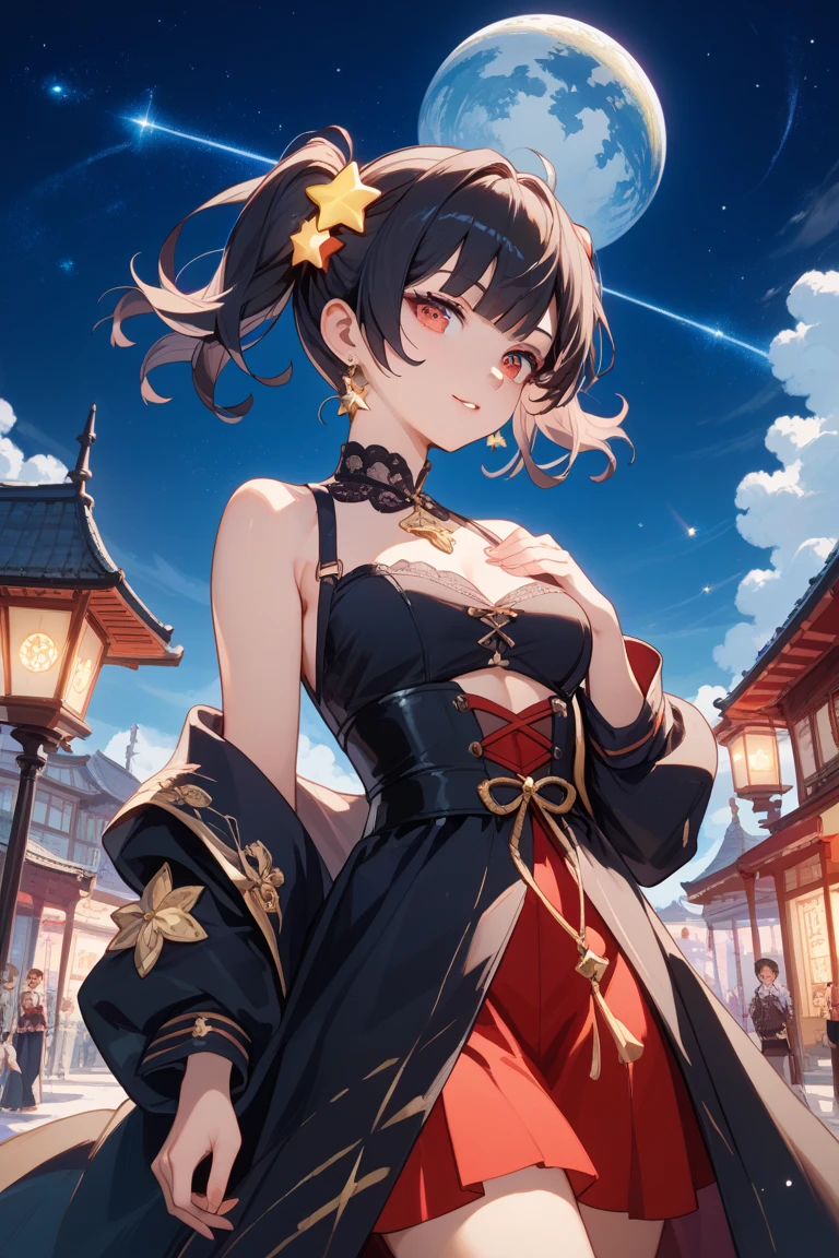 (masterpiece)、(highest quality)、((Super detailed))、(super delicate)、naughty chinese princess、Pastel colors hair、beautiful breasts、gorgeous castle、Fantastic starry sky、aurora
