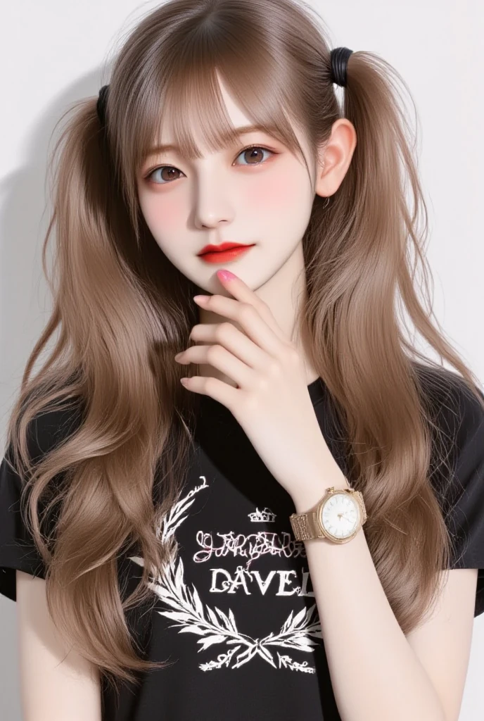 blush,small breasts,14 years old,long hair twintails,on stage,Are standing,close up of face,((8K, Raw photo, best quality, muste piece:1.2), (Reality, photorealistic:1.4), (Highly detailed 8K wallpaper), Depth of the bounds written, cinematic lighting, soft light, detailed beauty eye,Shiny and smooth light brown ponytail, asymmetrical bangs, shiny skin, super detailed skin ,high resolution, high detail, detailed hairstyle, detailed beauty face, hyper real, perfect limbs, perfect anatomy ,1 Japanese girl,famous japanese idol, perfect female body,shy smile,short eyelashes,double-edged eyelids,look straight here,Hair style is twin tails、Pink colored long dress with lots of ruffles, softly shaped skirt, standing on stage,pink ribbon on head,She wears a long skirt with lots of frills.,Neat clothes