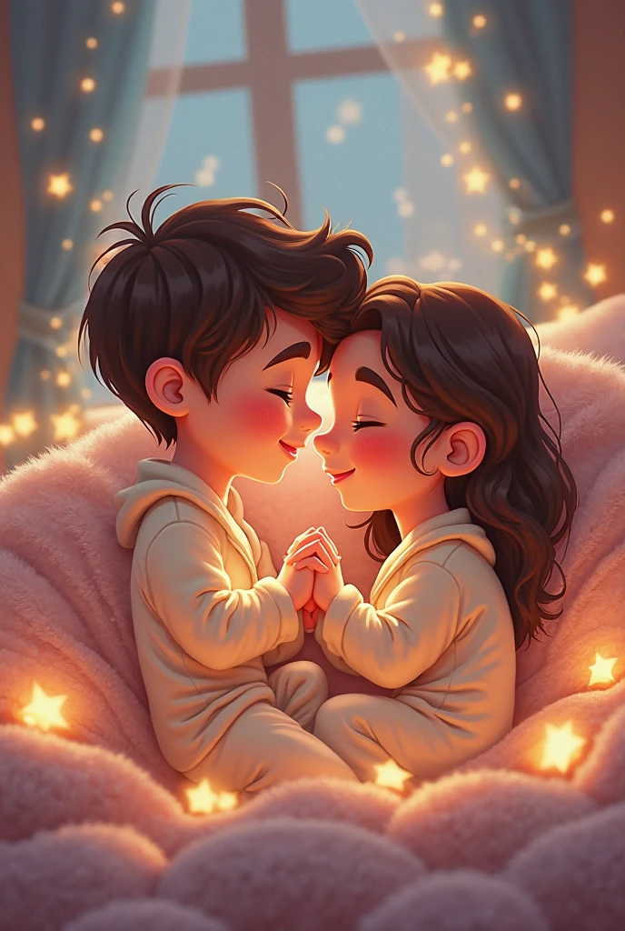Latina girl with black hair holding hands with blonde boy in matching pajamas
