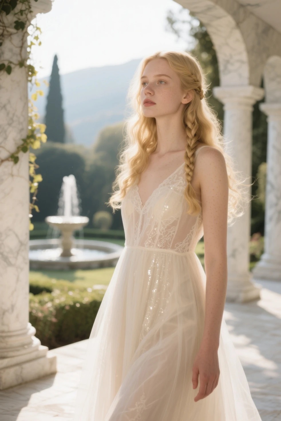 NE_NatalieDormer, princess with a crown, translucent flowing full body gown, beautiful face, french braid hair, eyes on the camera, by ManuManu