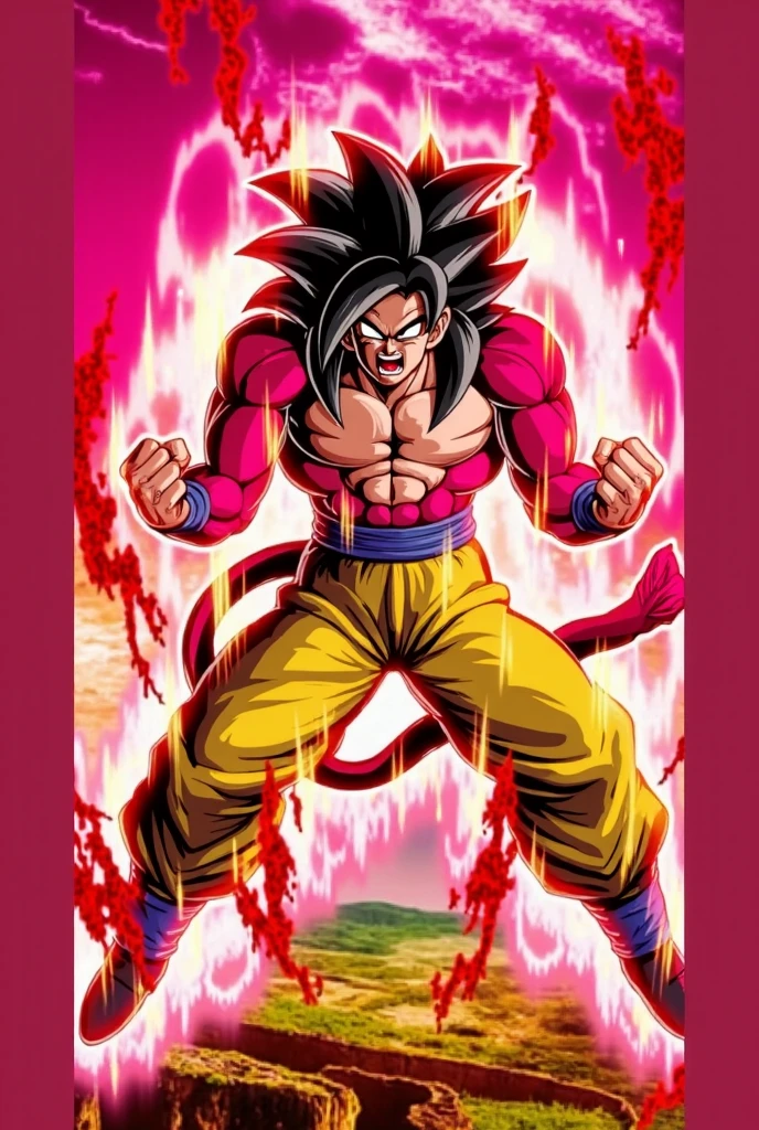 highres, High quality,(Beautiful), ((masterpiece)),vibrant colors, son goku, son goku gt,1boy,closed mouth, solo, super saiyan 4, dragon ball gt, yellow pants, black boots, blue ribbon, ((some red fur on arms and chest)), red saiyan tail, (very long hair), (red eyeliner),male focus, muscular, muscular male, pectorals, solo, spiked hair,((black hair)), (pupils),yellow eyes,standing,spiked hair, red aura, electricity, smile,upper body,red eyeliner,