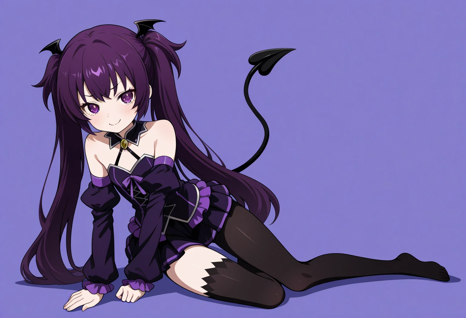 Carefully draw the face　High-quality faces in anime style　super shiny skin　Obscene lines　black leotard　Purple pantyhose　succubus　lure　smile　crawl on all fours