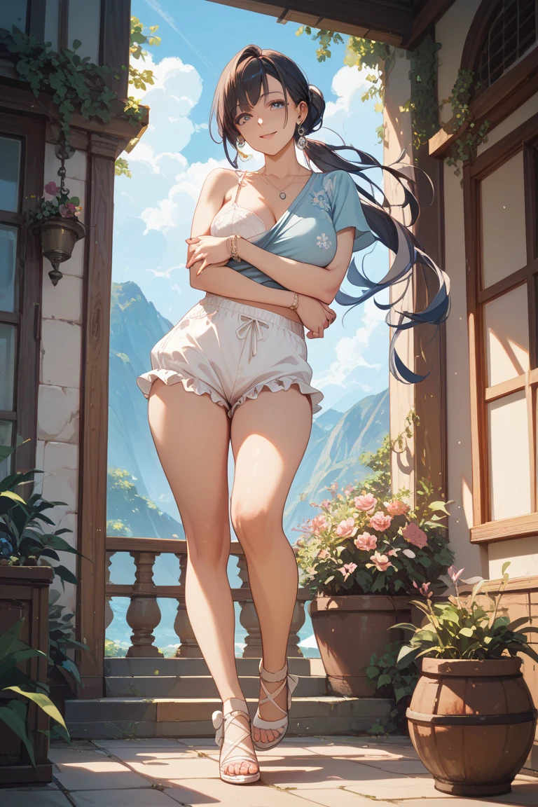 realistic image, detailed image, coherent image, 1 beautiful elf, she has very long hair, ponytail hairstyle, black hair, turquoise eyes, tired face, sweating, she is wearing some She is wearing a loose blouse, showing her navel , thin lace thong with garter belts, sneakers, She has a curvy body, medium breasts and thick thighs, She is sitting sensually, arching her back, surrounded by flower petals falling around, on a bed, sunset, twilight, Soft focus , view from below, Dramatic shadows, Volumetric lighting, natural lighting,cowgirl position