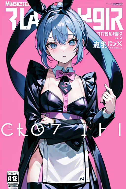 ((1boy)), (Boy Messy Japanese Round Haircut for Thick Hair), (blue nails), (blue hair), black shorts, ((solo)), (magazine:1.3), (cover-style:1.3), simple background, hair ornament, blue hair, rabbit ears, playboy bunny, bangs, leotard, blue eyes, x hair ornament, detached collar score_9, score_8_up, score_7_up, best quality, masterpiece, 4k, perfect lighting, very aesthetic, GOTH GIRL, (red pupils with X shape:1), x-shaped pupils, Ultra-detail,(highres:1.1),best quality,(masterpiece:1.2), cinematic lighting, (detailed face and eyes:1.2),