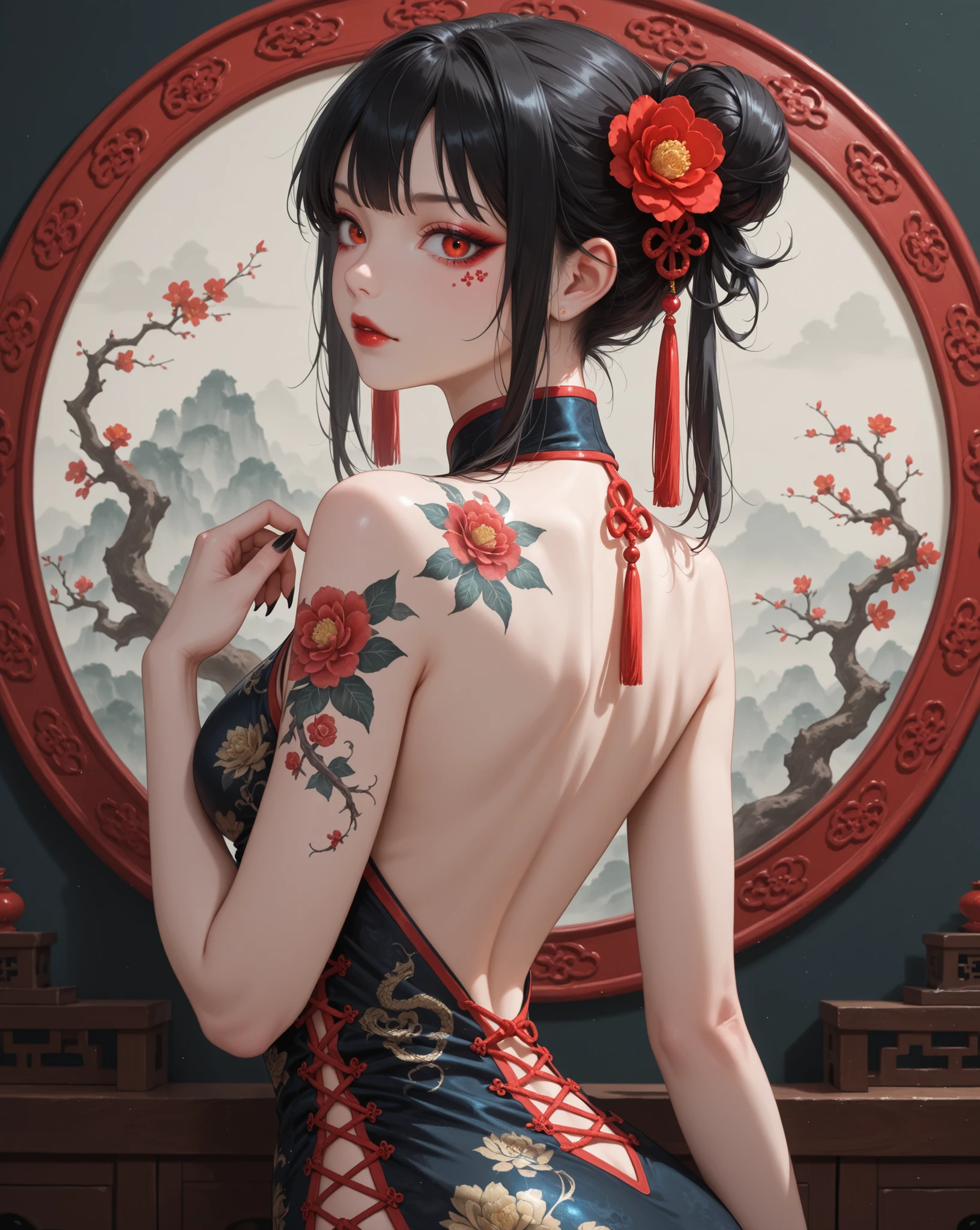 (Beautiful courtesan sitting with her naked back showing: 1 woman),Kimono half undressed,Beautiful and smooth skin,very beautiful back,A corner of an okiya in Kyoto,dim background,dim light from lanterns,BREAK,((Tattoos all over a woman's back: Hundred flowers: Intricate details: Colorful)),BREAK,(masterpiece:1.3),(highest quality:1.4),(ultra detailed:1.5),High resolution,extremely detailed,unity 8k wallpaper,beautiful light and shadow,Photoreal,A very beautiful red kimono with delicate patterns,Feeling listless,smoking pipe,Oiran hairstyle,Kyoto at night seen from the window of a townhouse,zentangle,patchwork,rendering,artwork,intricate details,Brightly colored,colorful,rich colors,Light and darkness