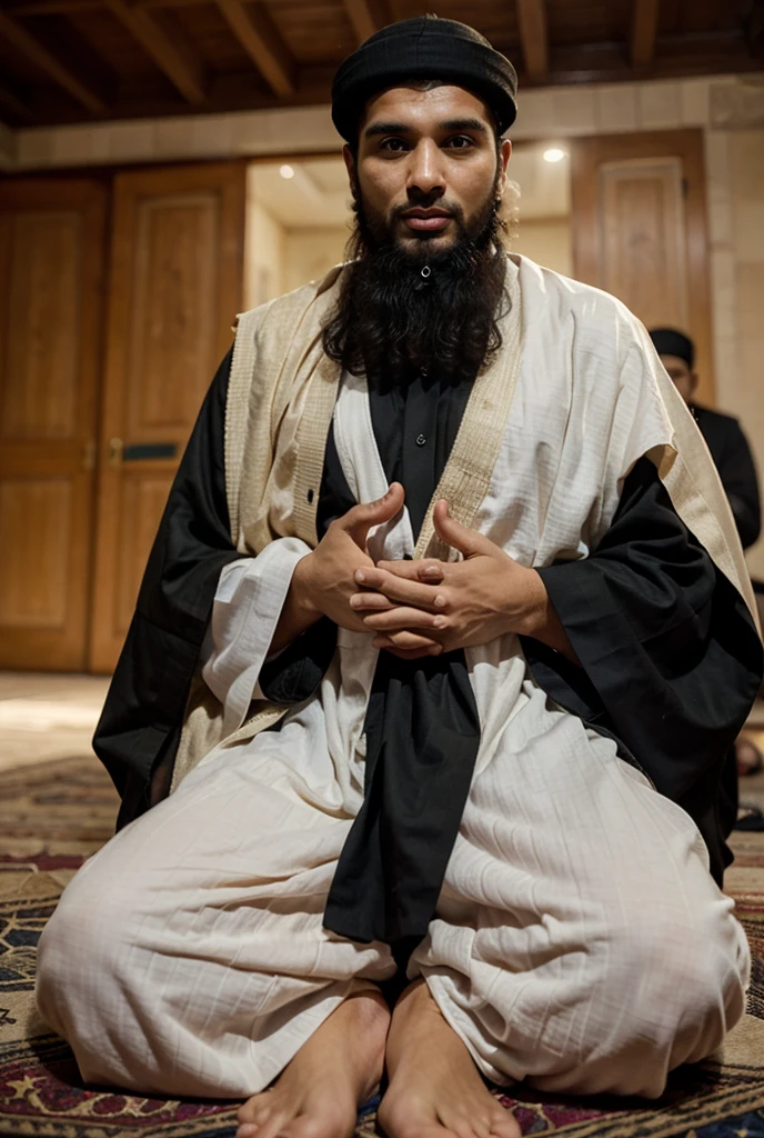 Arabic, mature hunk horny gay jerking, hot , chubby, laying, inside mosque, islamic ornament, thick, cumshot, sajadah, long beard, muslim WHITE dress,