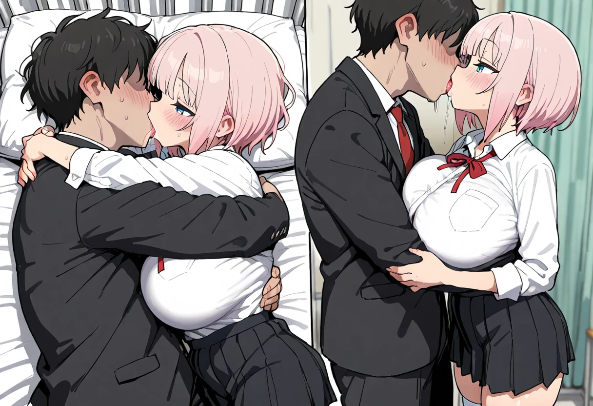 masterpiece (((1 man))) 1 girl (((men and women))) Pink hair Long hair Green eyes Huge breasts (big nipples) NSFW (orgasm) (heart eyes) ((A man fondles a woman's breasts from behind)) ((Grabbing breasts)) uniform blazer (red lace bra) (deep kiss) comic lines