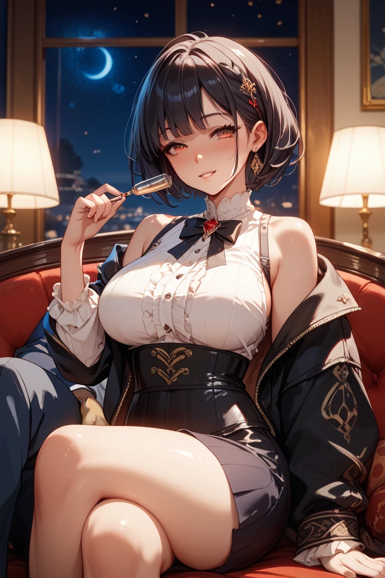 (((Masterpiece))),(((Super Detail))),(((in 8K))),(((best composition))),(((Rim lighting,Fireglow effect,deep shadow))),solo),Beautiful fingers,Detailed finger features,(Detailed hair features:1.7),(Dynamic and sexy bending pose:1.3),detailed facial features,detailed clothes features, (perky chest:1.1), (pointed chest:1.3), delicate beautiful face, Bright blue eyes, cute eyes, sparkling eyes, Big eyes, beautiful detailed eyes,double bun with glittering hair ornament:0.6,(super detailed glossy skin:1.3),slender body,goddess smile,((with sparkling eyes and a contagious smile)),beautiful posture,have a cup of coffee,black hair, red eyes, dress, bare shoulders, jewelry, collarbone, sidelocks, hairband, earrings, indoors, off shoulder, sweater, arms behind back, plant, short hair with long locks, white hairband, off-shoulder dress, sweater dress, off-shoulder sweater, red sweater, big side hair, very long side hair,(super delicate floral pattern:1.2),seductive cleavage:1.3,beautiful glossy legs,shiny red high heels,lifting dishes with cakesd,french restaurant,hustle and bustle,rising steam,(((depth of fields)))
