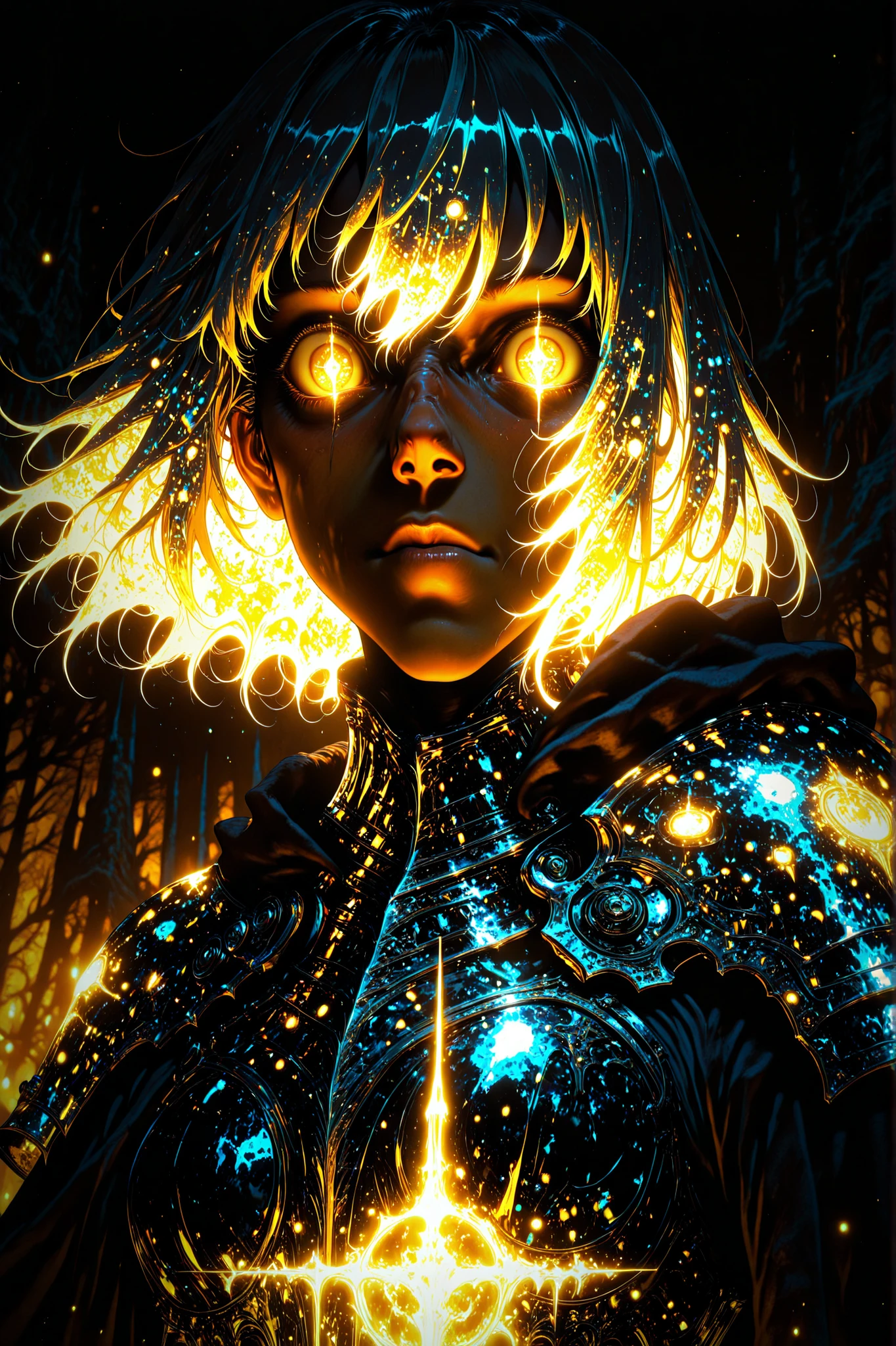 1girl,adventurer,dark skin,general,holographic colors,luminescent glowing colors,dark background,backlighting,luminescent colors,glowing colors,engraved armor,M4gicalL1nes,masterpiece,besr quality,amazing detail,detailed background,