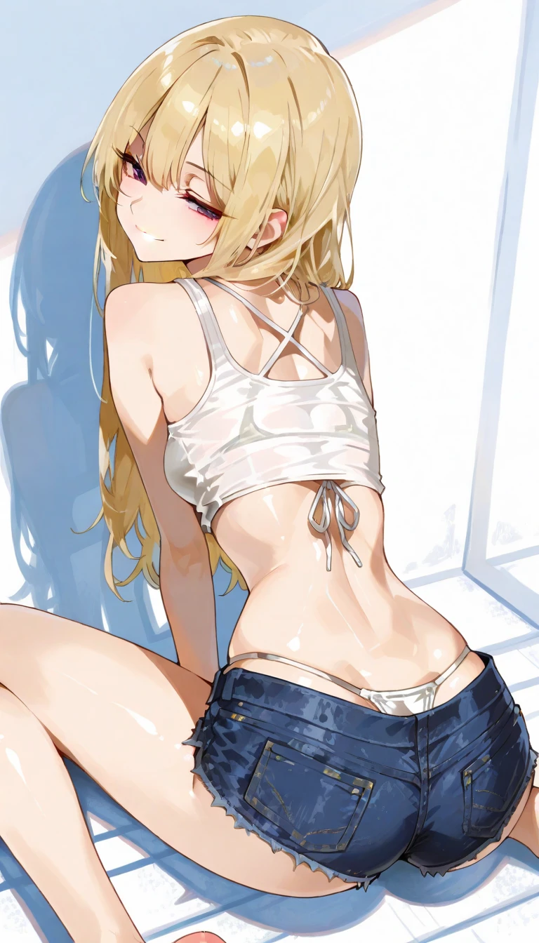 (masterpiece, best quality:1.2), 1girl, solo,standing_split,
long hair, White sleeveless tank top,blue denim shorts