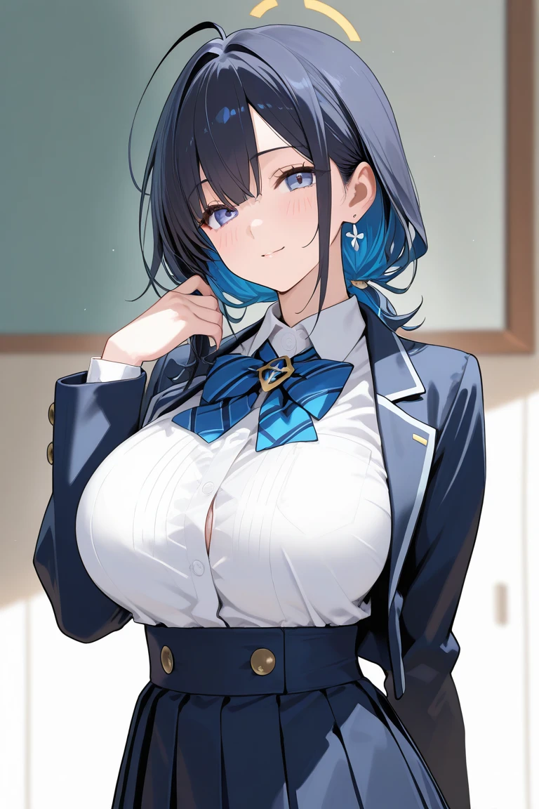 Junior high school student who looks like an elementary school student, 14 years old, very short, 140 cm tall, black hair with a slight green tinge, short ahoge, beautiful long hair but with a little hair sticking out, beautiful round eyes, blue eyes, smile, boyish, long sleeves, Thick clothes, skirt, big breasts, hair longer than waist, long hair, childish face, gentle smile, a little shy, black skirt, black hair with a slight green tinge, boyish, gentle smile, jacket one size larger, ( Deep greenish black hair: 1.3),her bra is visible