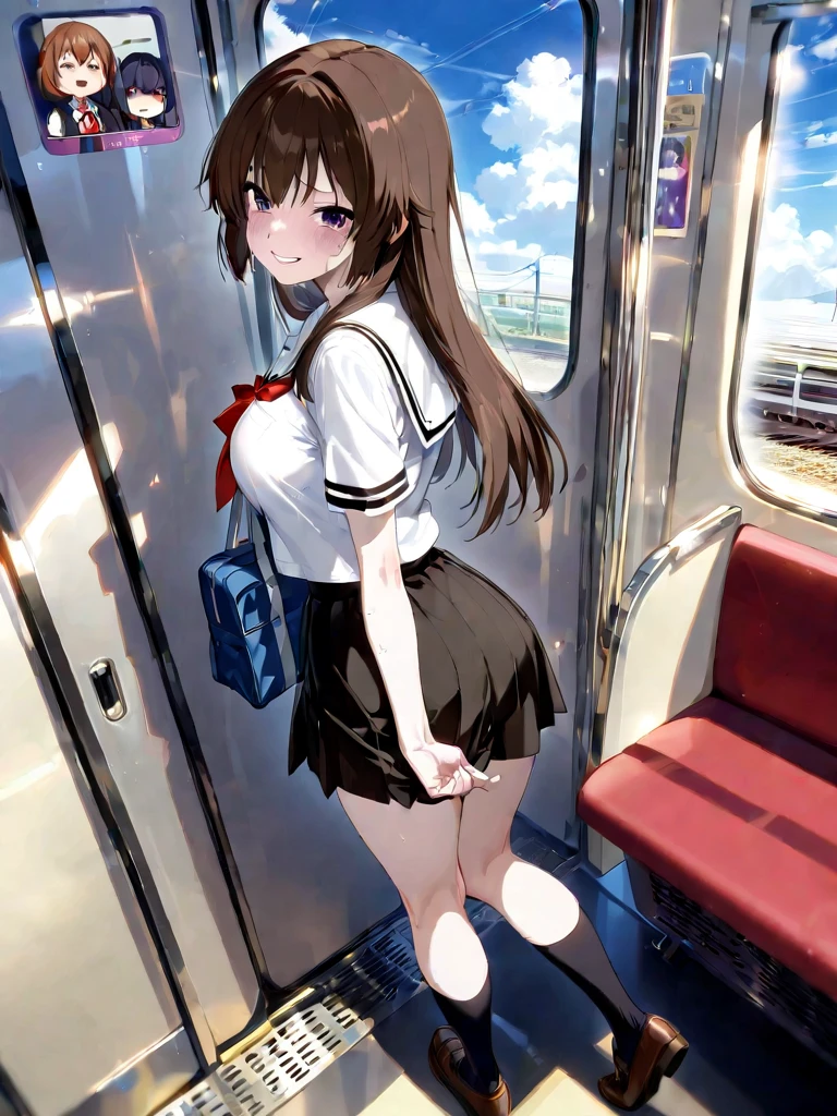 yukimi, 10., long hair, dull bangs, flat chest, No expression, shy, whole body, highest quality, (randoseru red backpack:1.4), in a crowded train、In a train seat、There are a lot of guys around、In underwear、angle from below、kneel down、(small area white panties:1.4)、(masturbation:1.4)、(molestationがパンティの中に手を入れる:1.4)、Striped pattern、embarrassing、Transparent、molestation、
