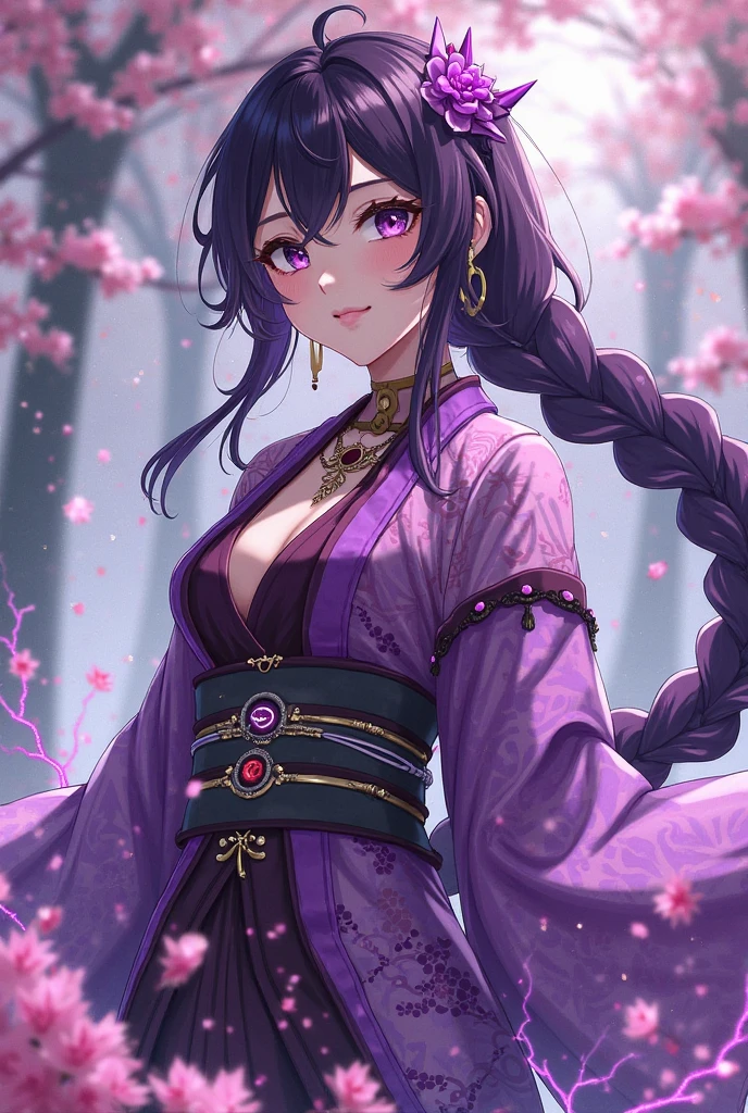 Bright Purple Taoist Robe, falda larga hanfu, large eyes, masterpiece absolute beauty, 1 woman, close up. close up, healing smile, snow scene, 4K image quality, twisted braid, princess hairstyle princess cut, simple hair accessories, plum blossoms, people can't forget beauty when they see it