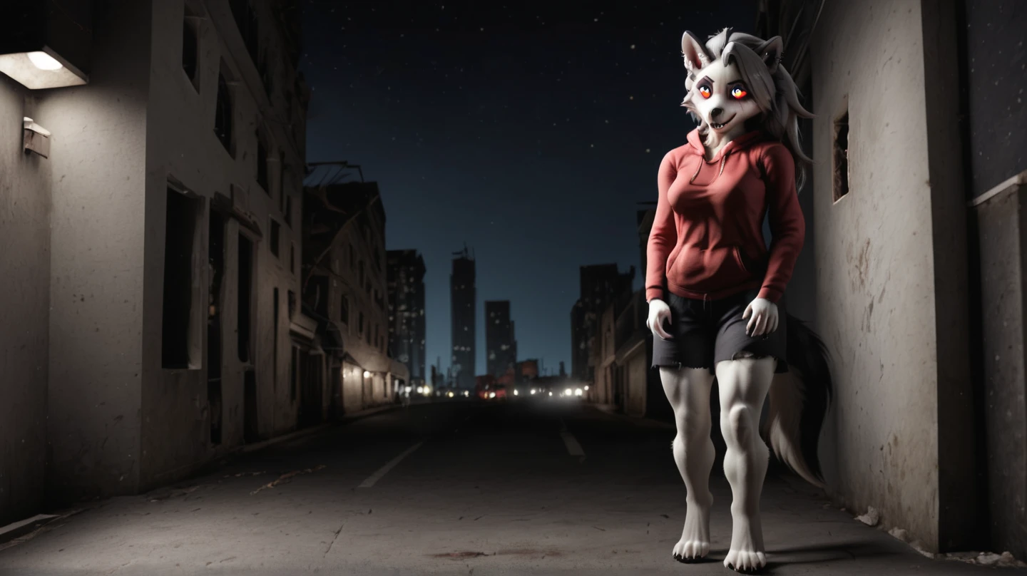 ((quality)), ((masterpiece)), (detailed), perfect face, anthro black wolf, female, black fur, neck fluff, black belly, detailed yellow wolf eyes, fully naked, 4 toes, 4 fingers, massive tail, black claws, digitigrade legs, massive feminine body , Huge breasts, colossal macro height, macro, enormous body size, looking at viewer, detailed fur textures, black paw pads, elongated on all of the city, micro sized city, pussy,huge nipple, puffy nipple