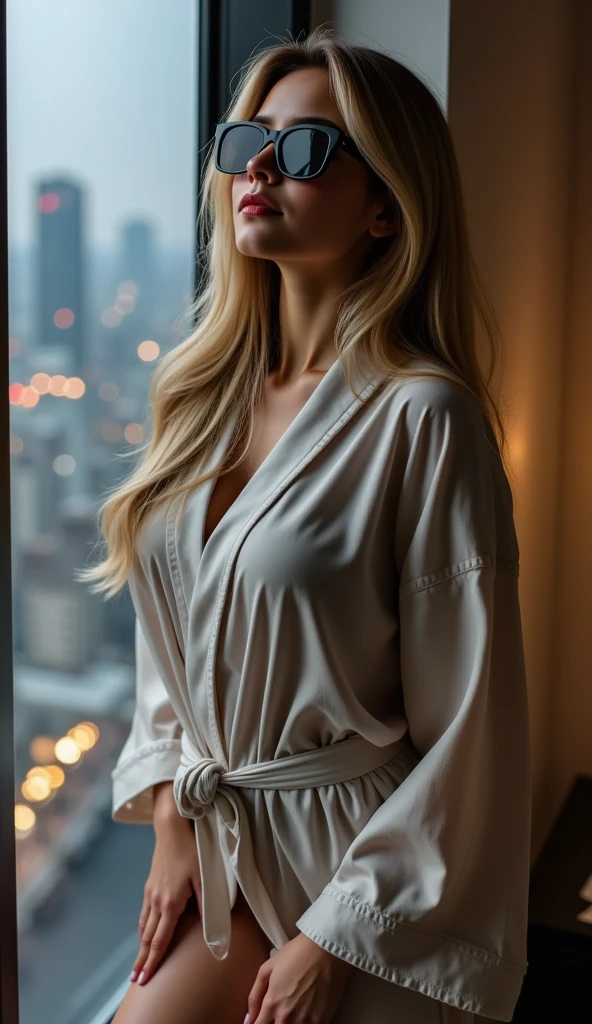 A beautiful young woman with medium-large breasts, thick white hair and intense blue eyes stands on a sunlit balcony overlooking the city. She wears a silky ivory robe loosely tied at the waist, revealing a delicate lace bralette underneath. The golden hour light enhances her glowing skin as she leans against the railing, looking thoughtfully into the distance. The photo is taken from a side angle, capturing her relaxed posture.