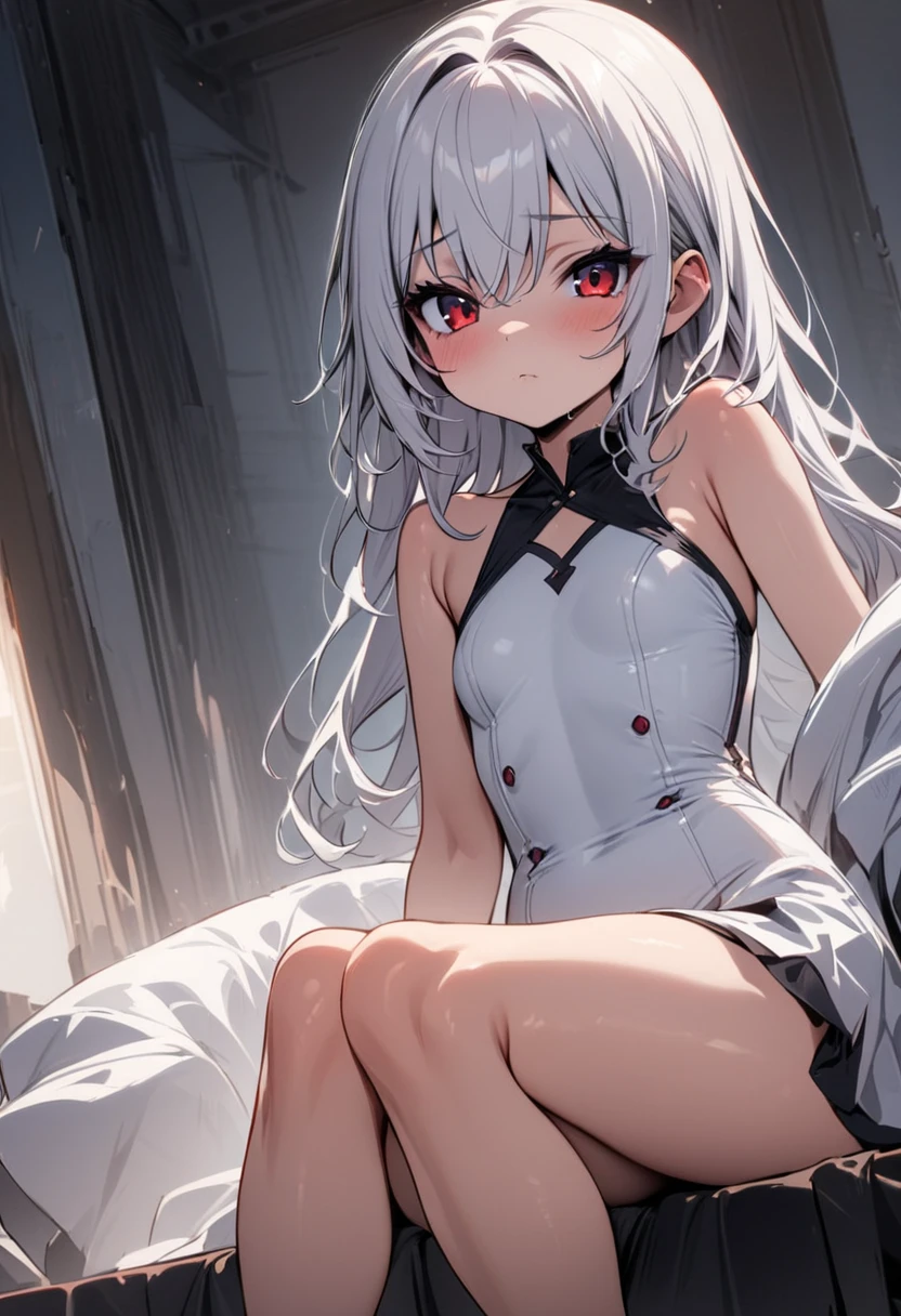 Raw foto,infirmary, curtains, 1girl, nurse, white dress, masterpiece, best best quality, masterpiece, (extremely delicate and beautiful:1.2), blurred background, looking at the viewer, 1girl, solo, fashi-girl, red lips, blush, bdsm, bodysuit, corset, shibari, handcuffs, collar, (suspension: 1.6), chest out, bound hands, hands behind the back, discreet, leaned forward, high detail