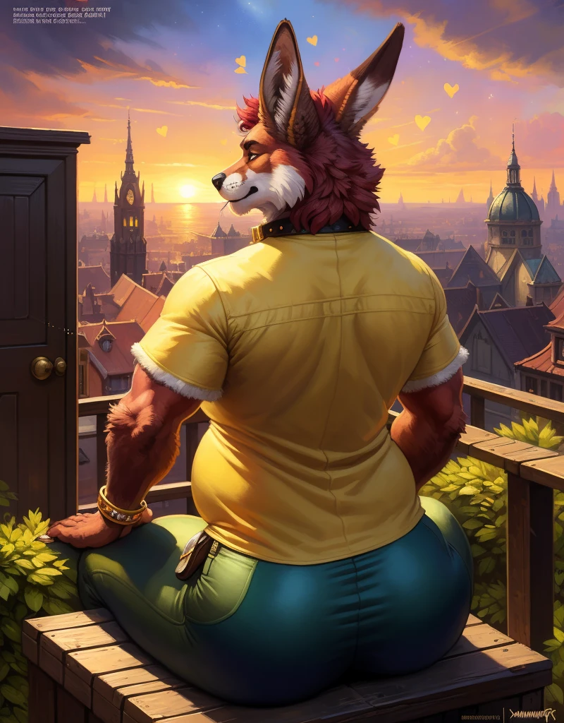 (male:1.5), angry, frowning, pissed, (((yellow topwear))), uniform, (humble smile), looking at viewer, (absurd res), ((ultra high resolution)), (((masterpiece quality))), (sexy view), ((breathtaking painstakingly detailed background)), ((impressive lighting)), ((sunset clouds)), ((floating hearts)), ((sparkles)), confetti, sunlight, ⫷|⫸ foxovh, sligarthetiger, cumbread, gammainks, seibear, lollipopcon, dizzyknight, greasymojo, xpray, roly, honovy, taran fiddler, kenket, riendonut, Bayard Wu, Thomas Benjamin Kennington, Duase, ⫷|⫸, jewelry, necklace, bracelet, earring, body accessory, ear accessory, arm accessory, neck accessory, (feet accessory), ⫷|⫸ (fuzzy furry body:1.6), (tall body), ((fur pattern)), ((exotic mammal)), (short tail), (slightly chubby anthro), (stunningly beautiful legs), (detailed face), (mature anthro:1.6), ((long ears)), 🟥🦊, kangaroo, doe, fox, ((solo)), (yellow collar working shirt), (yellow shirt), big butt, beautiful eyes, dutch angle, ⫷|⫸ (((doordash promotional art))), looks like a doe, ((buttcrack)), stubby tail, crimson fur, ((waiting)), tight exercise pants, outside, European cityscape,