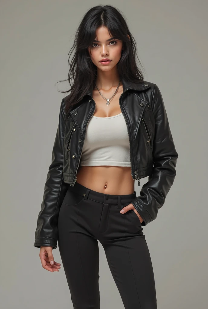 Photograph of a 20-year-old woman, Cara perfecta, Obien maestra, bien, ropa interior, negro_bien, chaqueta, negro_biengas
