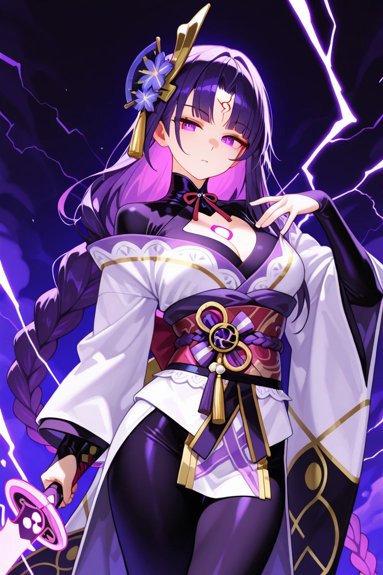 An adult woman with purple eyes, long bright purple hair with fox ears. Wears an elegant dress. She must be wearing a purple leggings. she comes from wonderland