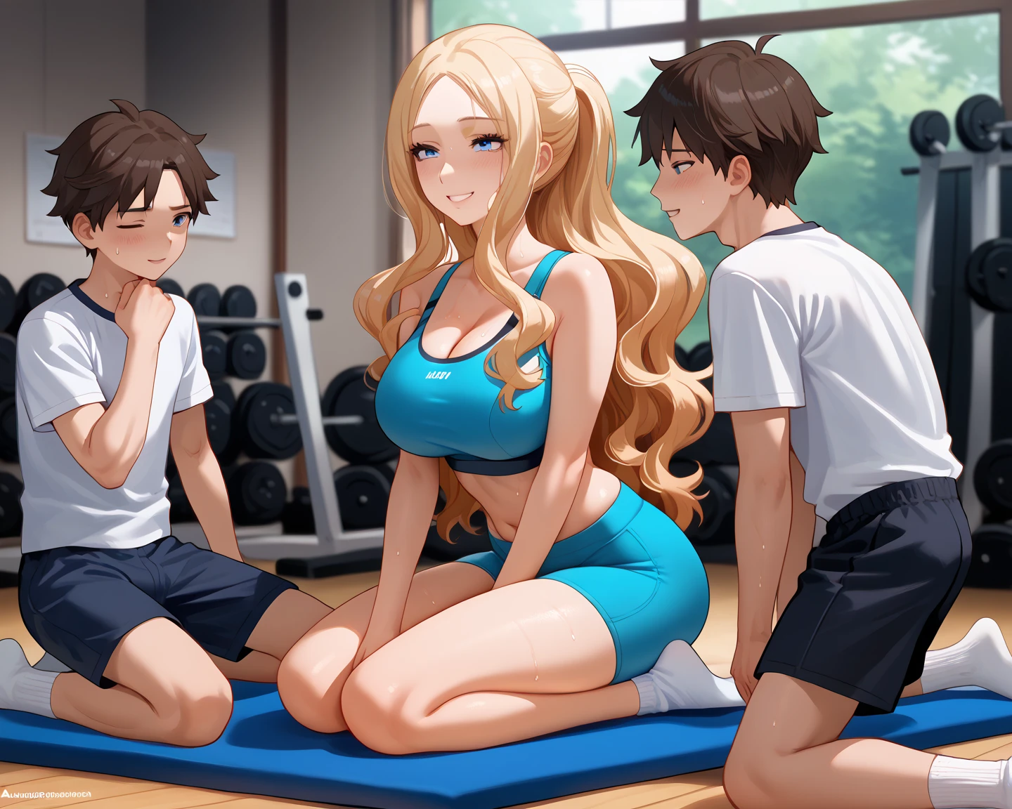 score_9, score_8_up, score_7_up, score_6_up, source_anime, highest quality, masterpiece, 1boy and 2girl, group sex, anal sex ,Blowjob, handjob, (1boy, flat chest, medium hair, athletic bloomers,bloomers), (2girl, futanari, medium breast, long hair, athletic bloomers,bloomers) (boy pants pulled down to the knees),  A beautiful boy with long hair is being gang-raped by two futanari girls, the futanari girl's penis is inserted into the boy's anus, the futanari girl's penis is inserted into the boy's mouth, the futanari girl grasps the boy's penis, school gym