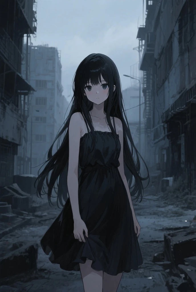 Anime woman black hair black eyes wearing a black dress with a ruined city in the background