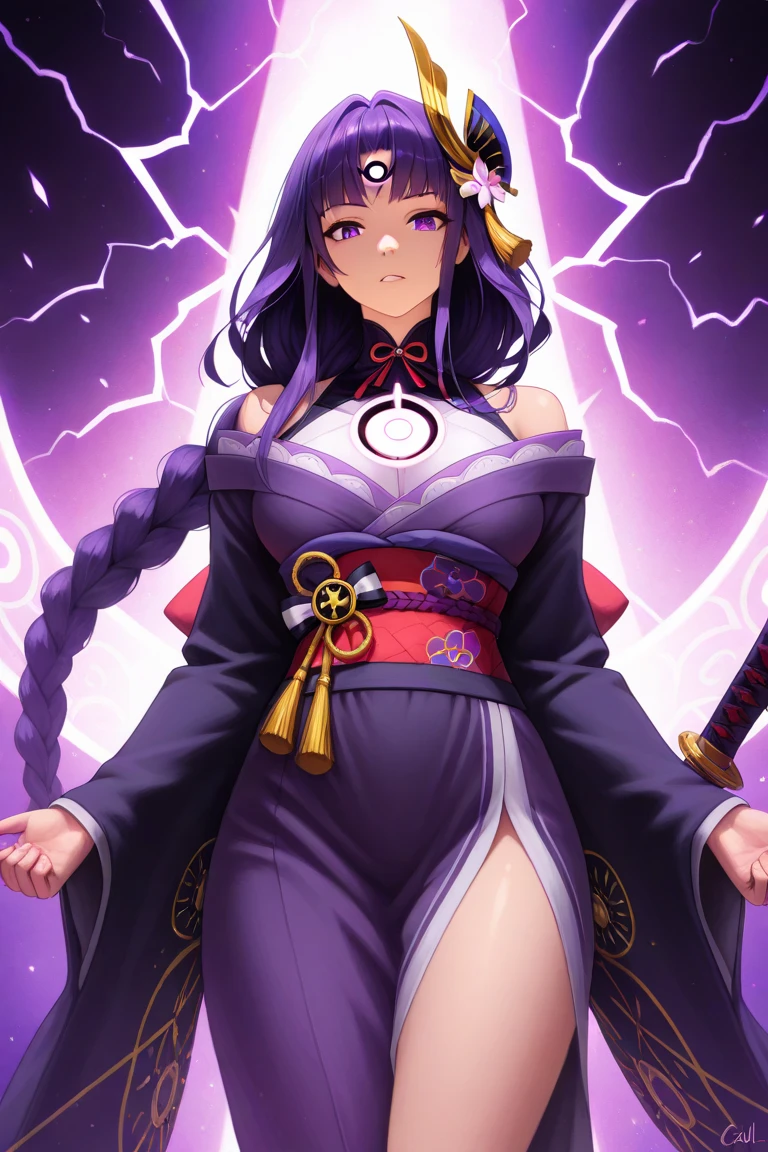 (Illustrations super fines:1.2),(masutepiece, 8k), (Best quality, High quality:1.4),(Masterpiece), Ultra - detailed, Ultra - detailed,Background to the masterpiece,beautiful detailed background, V8k wallpapers(Nuit:1.2),(dehors), (very detailed background), Purple lightning, meilleur_quality, 1 fille, ,beau_et_aesthetics:1.2), (1 femme:1.3), (fractale_art:1.3), (huge breasts), luz_reflection, (1 femme, Raiden Shogun,Raïdenshogundef, cheveux violets, ornements de cheveux, cheveux longs, braided ponytail, (((brassard, Purple Japanese clothing, manches larges, manches longues, cuisses, Kimono violet))), 1fille, seulement, (24 ans:1.5),beau doigt,Belles jambes longues,beau corps,Beau nez, Des yeux parfaits, visage parfait,(Beautiful detailed purple eyes),((femelle mature:1.1)),((MILF:1.1)), Raiden Shogun, cheveux violets, yeux violets, Des yeux brillants, Electric violet particles, cheveux longs, Elegant beautiful hands, jambes nues, cuisses parfaites, kimono, view from below, corps entier, (summon an electric katana between her breasts), Breaks an electric katana from his chest, Cheveux publics, debout, Night background, Background to the Inazuma Temple,