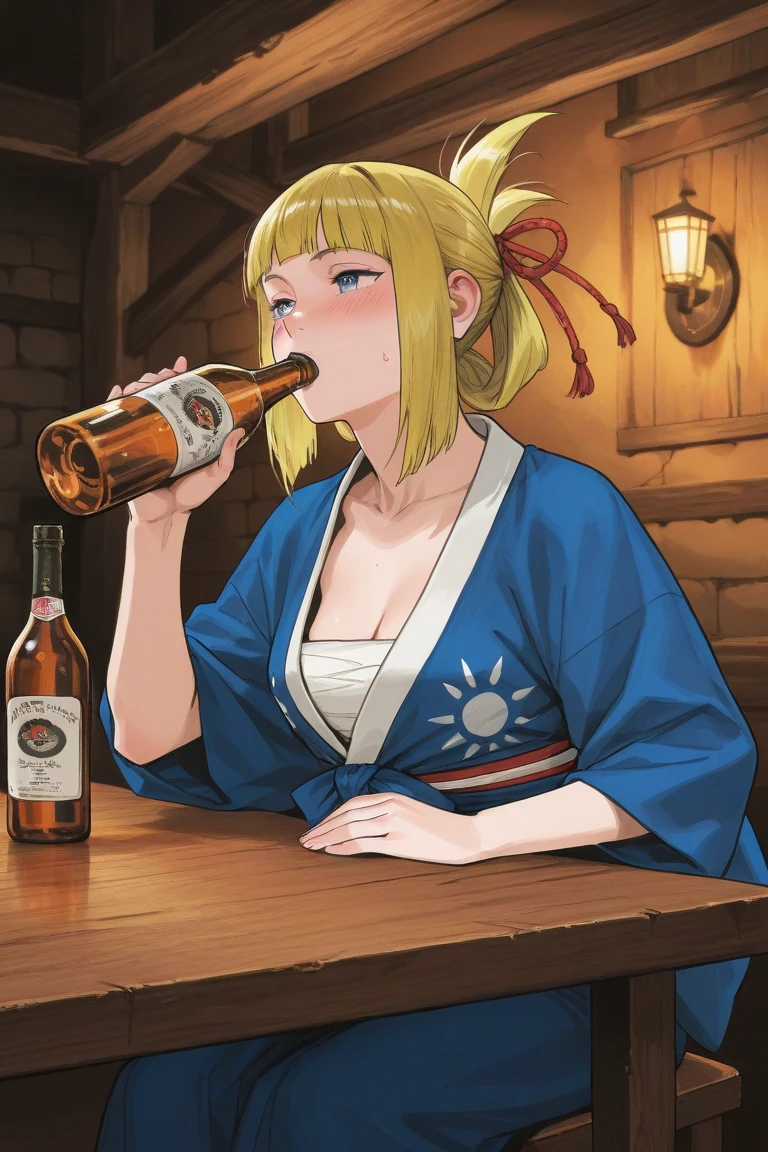 (bestquality,masterpiece), TsunadeNS, solo, japanese_clothes, breasts, large_breasts, kimono, cleavage, smile, lips, bare_shoulders, indoors, alcohol, bottle, sake_bottle, cup, holding, off_shoulder,