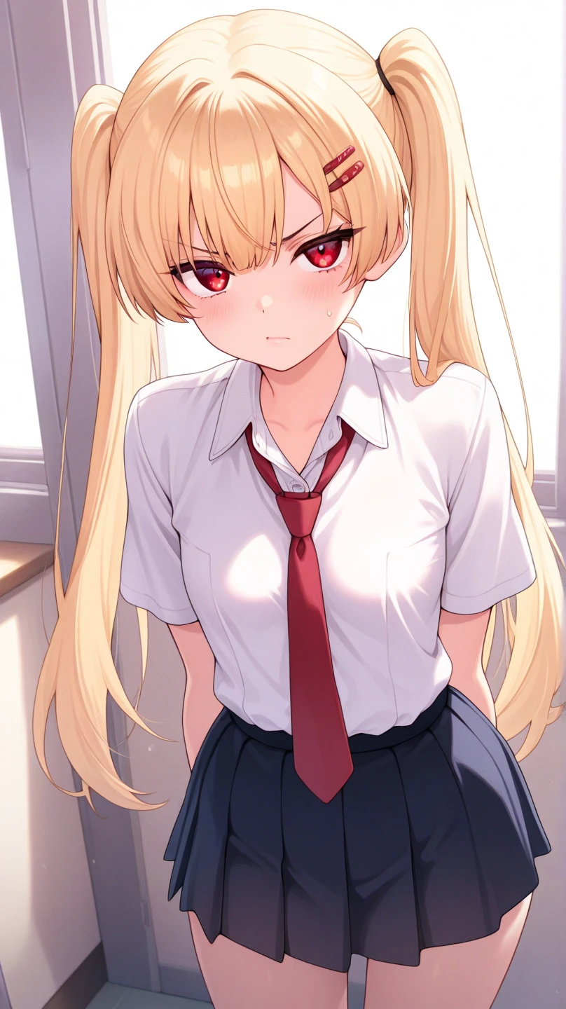 masterpiece, best quality, 1girl, solo, bangs, long hair, twin tails, blonde hair, blue eyes, disgust, small breasts, white blouse, short sleeves, red bow, black skirt thigh-highs, 