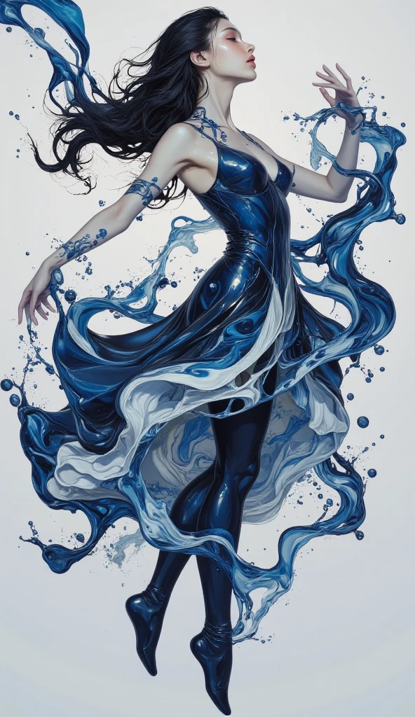 Chinese ink freehand painting, wet wet and water washing techniques, ink color modeling, abstract, surreal, beautiful kawaii woman, abstract and blurred shapes and brushstrokes, tight clothes, shorts, fantasy hourglass body shape, giant breasts and thick legs, happiness and smile, modern urban background, complex gradation of water and ink