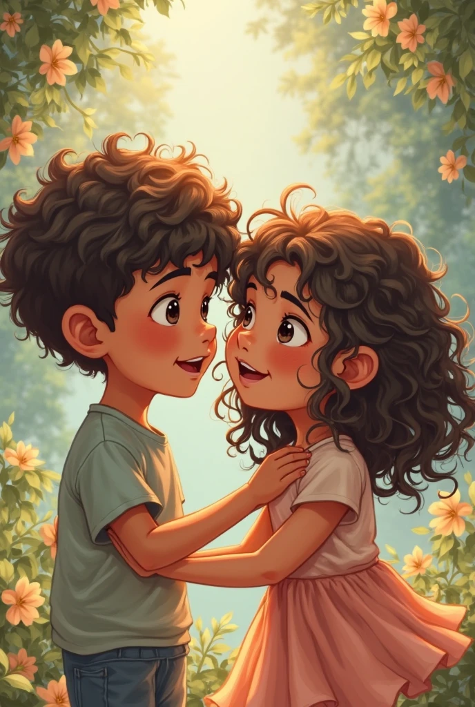 Generates an image of two brothers in a comic panel. The boy is , wavy dark brown hair, Tez blanca, small eyes and is covered in freckles and moles. The girl, He is , She is brunette with curly and light brown hair, and also has many moles. Both must appear together in a happy and friendly environment. 