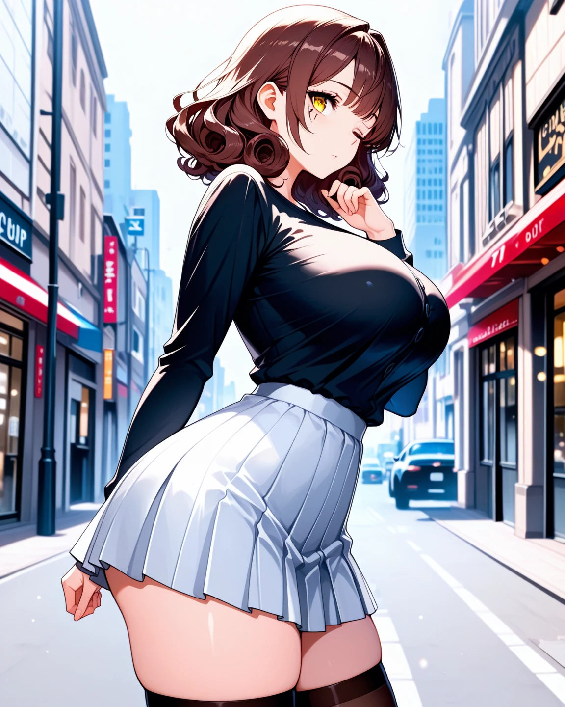 photorealistic, high resolution, soft light, 1women, solo, hips up, dynamic pose, shining skin, jewelry, tattoo, street wear, cropped t-shirt, skirt, 19 years old, large breasts, triple D cup breasts, round buttocks, bubbly buttocks, wide hips, bubbly ass, fit and strong, slender body, drinking boba tea