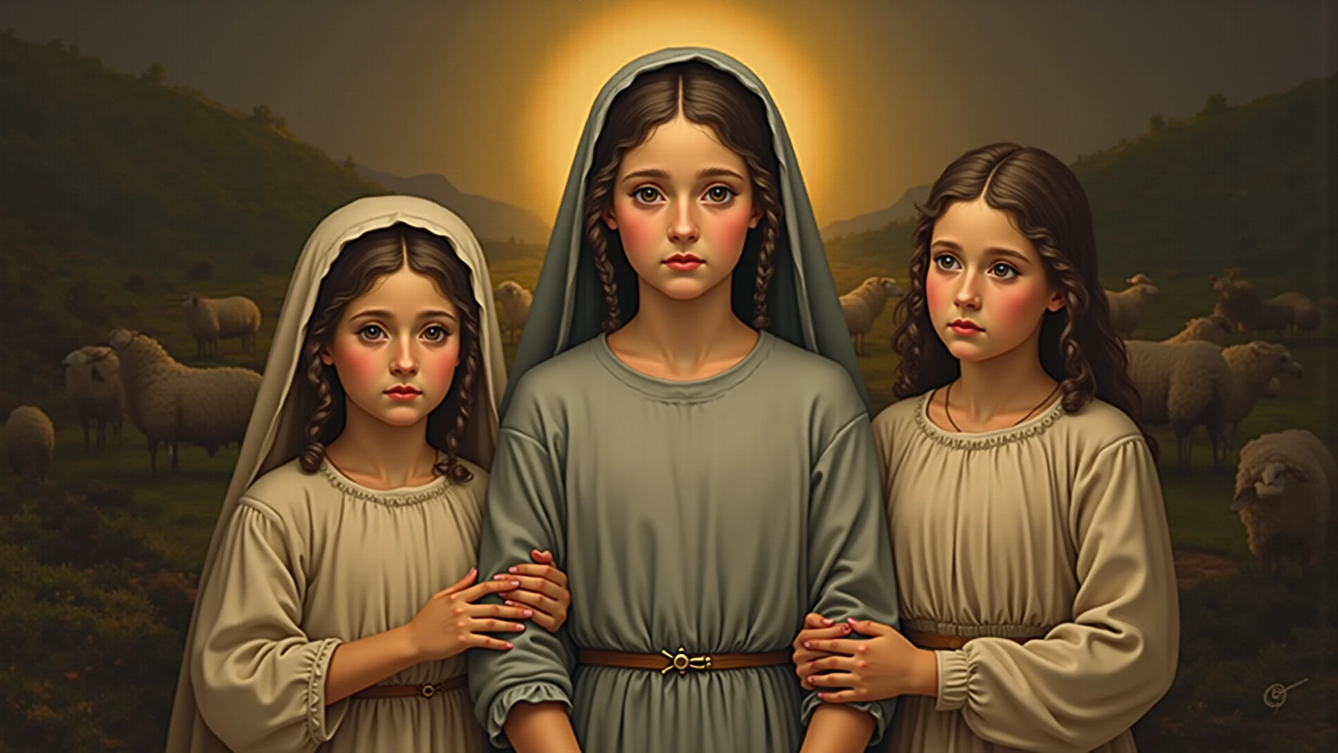 Um meio corpo, Portrait of 3 girls German children long platinum blonde hair , jaquetas couro yellow, holding in his hands a cross, fundo de correntes, corrente, mais correntes , muitas correntes, , vermelhas, fogo vermelho, muitas chamas de fundo.