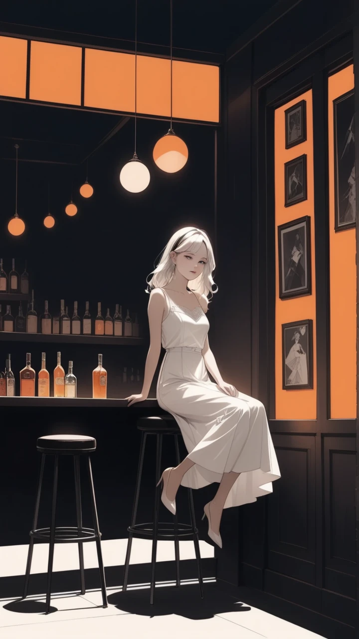 "A beautifully stylized illustration featuring a woman sitting at a bar, holding a glass in her hand. The woman has an elegant and ethereal appearance, with a subtle, wistful expression that conveys a sense of fragility. The bar's ambiance is cozy and chill, with warm, soft lighting that creates a nostalgic atmosphere. The background includes details such as vintage bottles, a wooden counter, and dim lighting, all contributing to a serene and reflective mood that complements the woman's delicate presence."