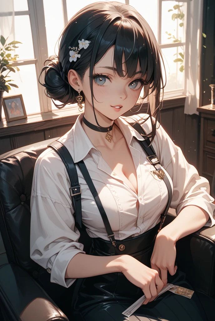  1girl, solo, face, looking at viewer, punk, black hair, short hair, hair between eyes, mascara, eyeliner, eyeshadow, tattoo, business shirt, jean pants, choker, open shirt.