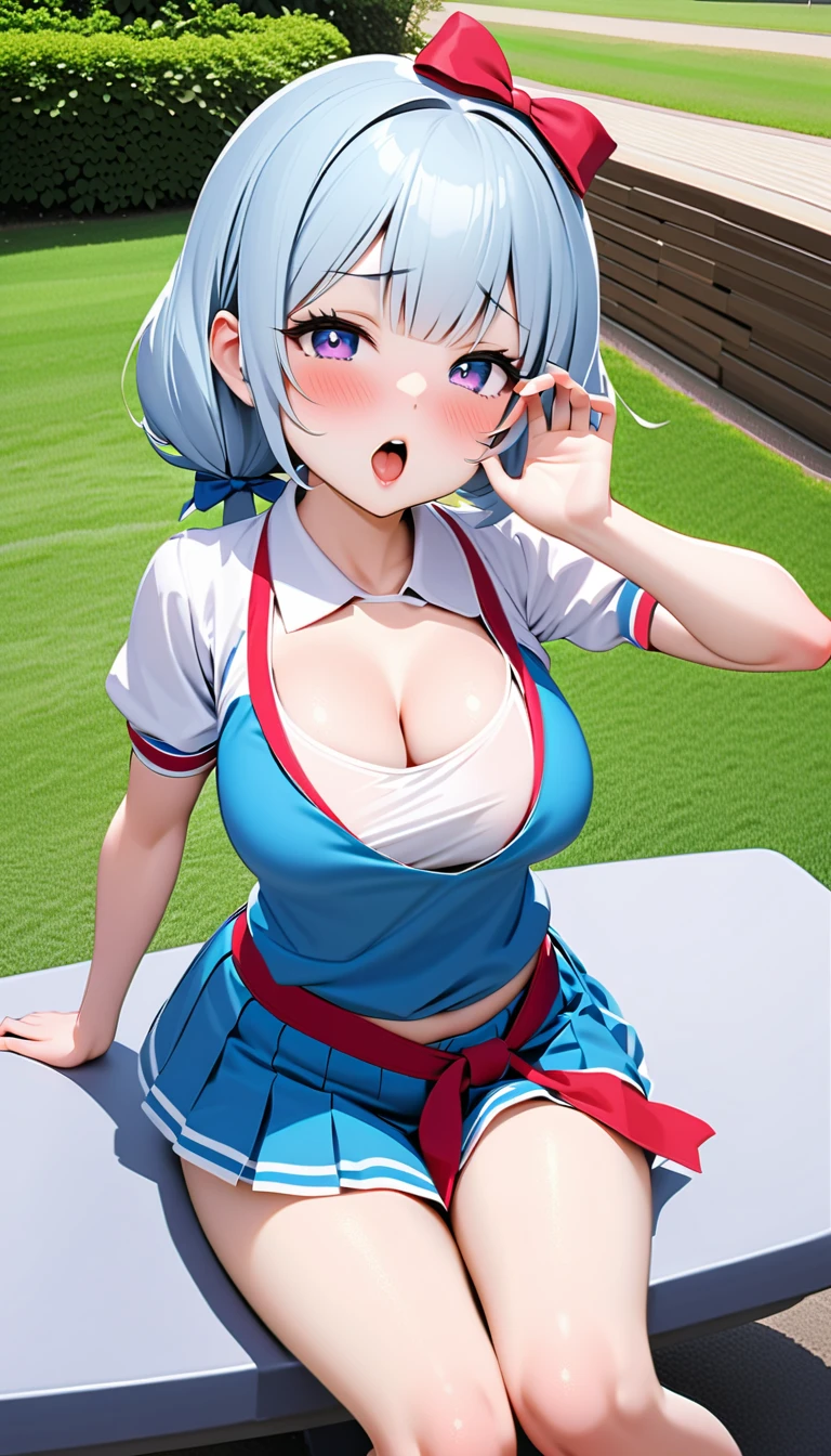 (masterpiece:1.3), (Best Quality:1.3), (Ultra-detailed:1.2), ((kawaii)), Cute, (lovely), ((sexy)), ((Extremely detailed)), 4K, (8K), Best Quality, (Beautiful), Illustration, anime style, (bold line:1.2), Gradation, looking at viewer, //, (bent down:1.1), (arms behind back), //, a cute girl, 1girl, (solo:1.2), gleaming skin, //, (huge breasts), (Perfect eyes:1.2), (Perfect iris:1.2), //, Bob cut hair style, Mint green hair color, (beautiful eyes) //, (half closed eyes:1.0), (sexual expression:1.2), Fascinated expression, smile, (blush:1.2), //, , Emphasizing cleavage, (down blouse), mini Skirt to see underwear, //, Old storage room of the school gymnasium, shadows of sports equipment on the wall