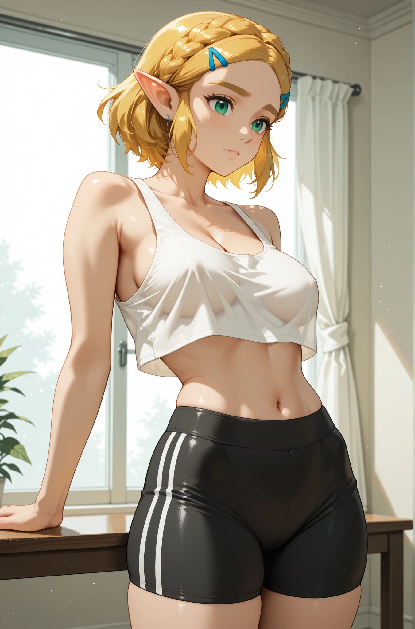 Create an image of a 20-year-old teenage woman named Zoe. He has an angelic face with red eyes and white skin.. stomach 1,70 meters and has a detailed physique with large, firm breasts. His hair is blonde, straight and pixie style, cut just above his shoulders. She is wearing a white tank top with a low neckline., sexy low rise mini shorts, High socks,.her legs are thin, long and skinny. Zoe's pose should be straight and firm, Looking towards the camera, but the view must be from behind.", back view, view from behind, giving back