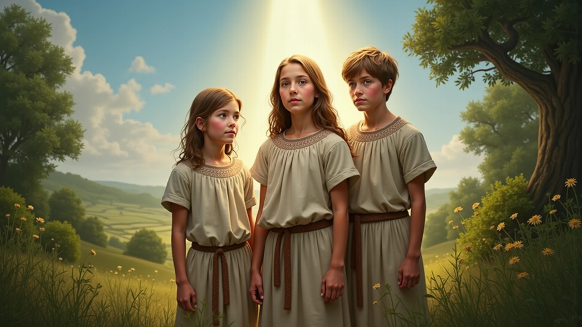 Create a realistic image of the 3 shepherd children who saw Our Lady of Fatima. 2 girls and 1 boy. Perfect image. Ultra Realistic. Beautiful Children. Expressive Eyes