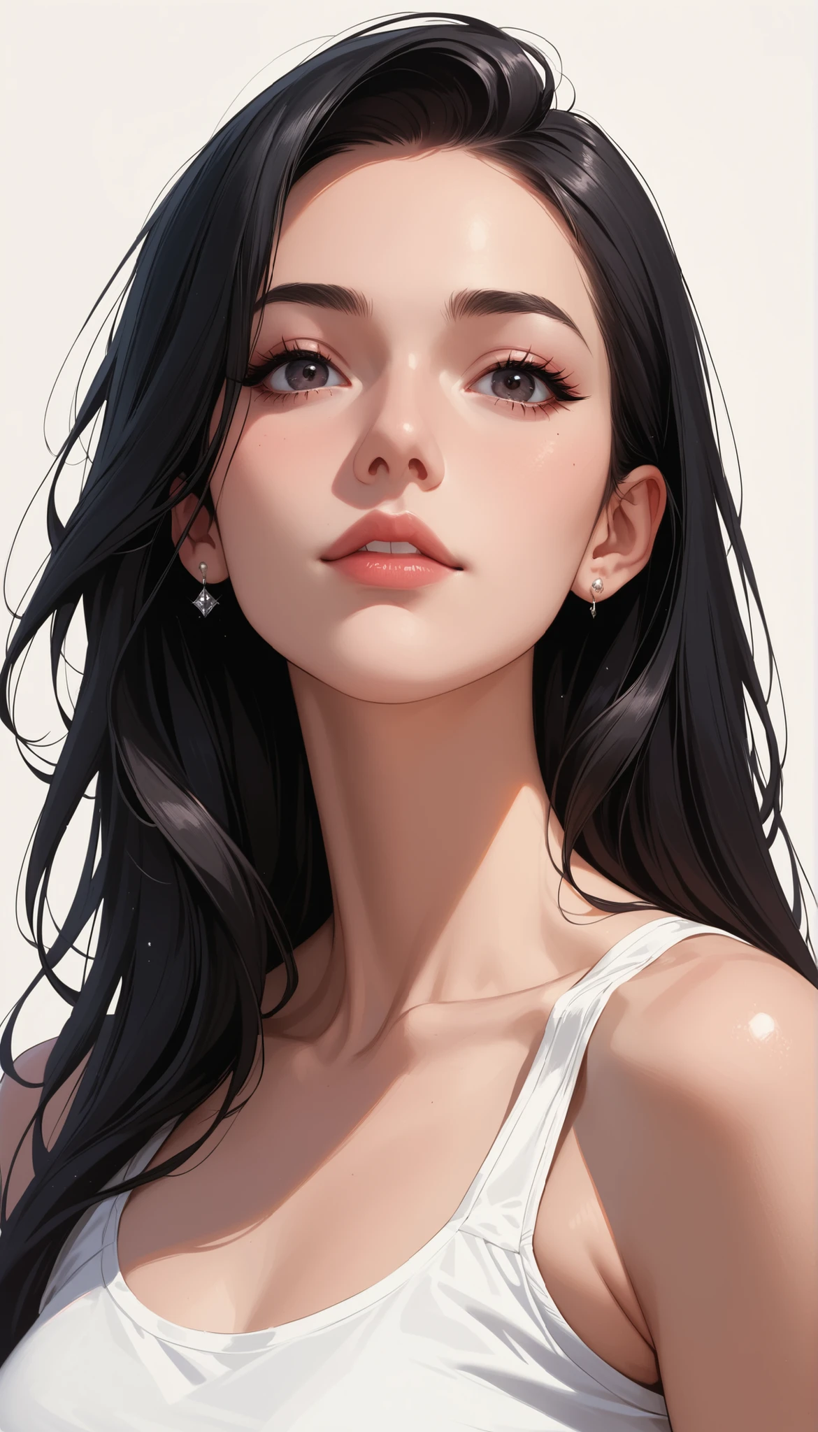 Female 1, medium long hair, black hair, chest, dark eyes, simple background/ no background , vertical drawing style , lots of white space, Illustrations, 黒いドレスHigh Quality, 最High Quality , High Detail , High Quality, HD model, very well detailed,
