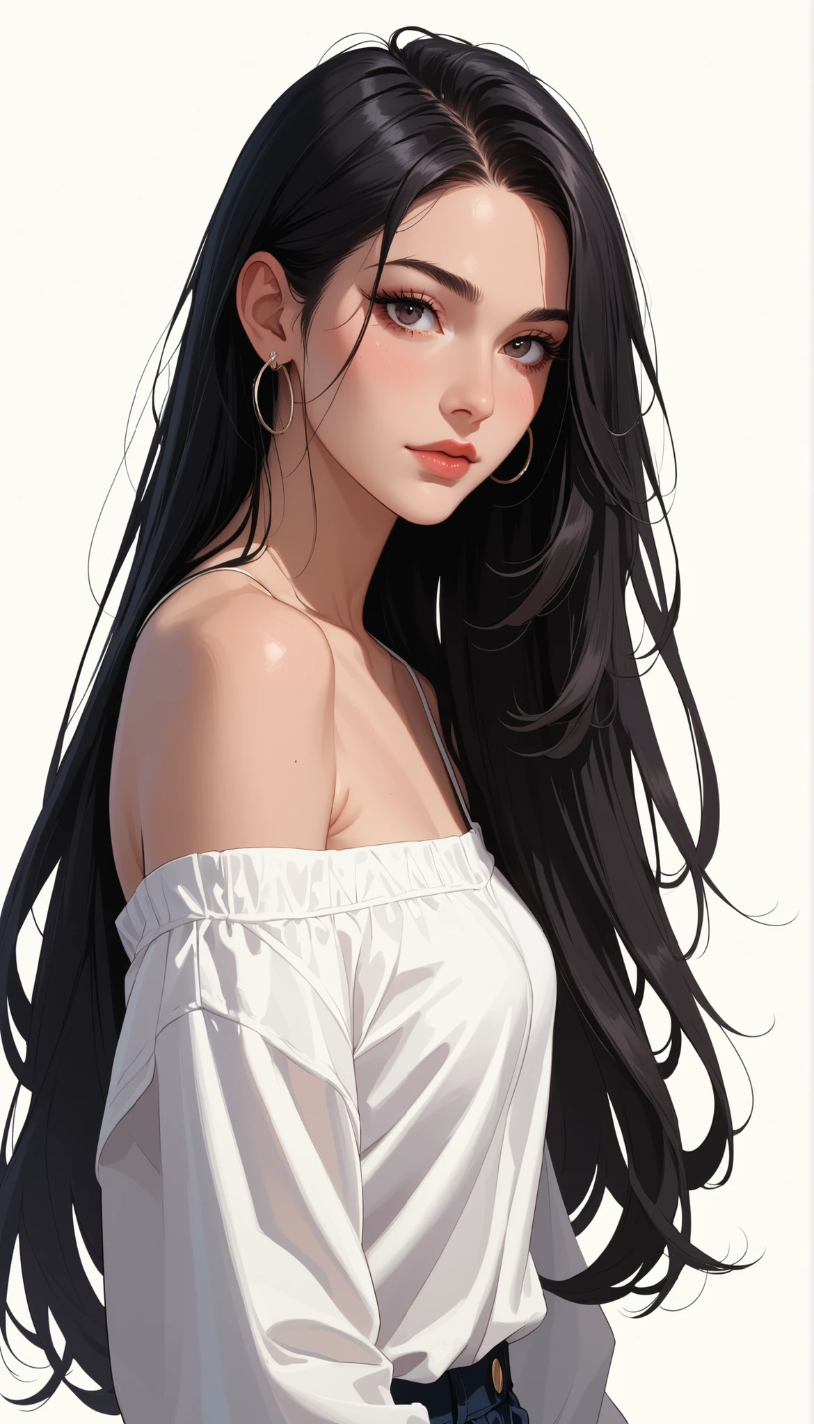  Female 1, medium long hair, black hair, chest, dark eyes,  simple background/ no background ,  vertical drawing style , lots of white space, Illustrations, 黒いドレスHigh Quality,  最High Quality ,  High Detail ,  High Quality,  HD model,  very well detailed, 